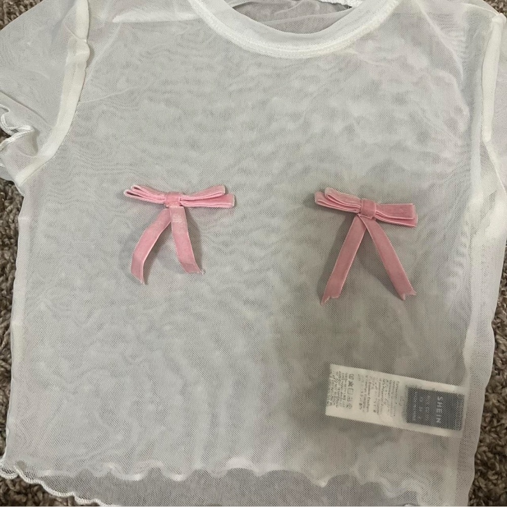 SHEIN White mesh top with pink bows